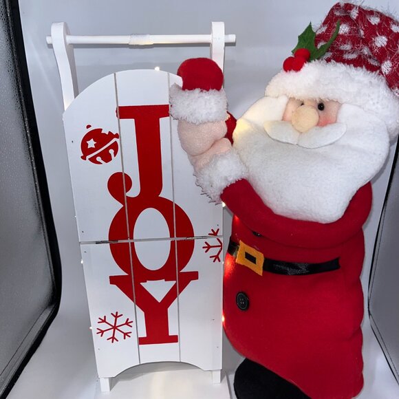 Lighted Santa & Wooden Joy Sled Red & White Plush Standing Santa Wooden sign - Picture 4 of 8